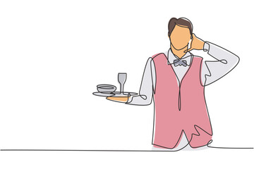 Continuous one line drawing waiter with call me gesture and brought a tray of drinking glasses serving visitors at cafeteria. Success job concept. Single line draw design vector graphic illustration