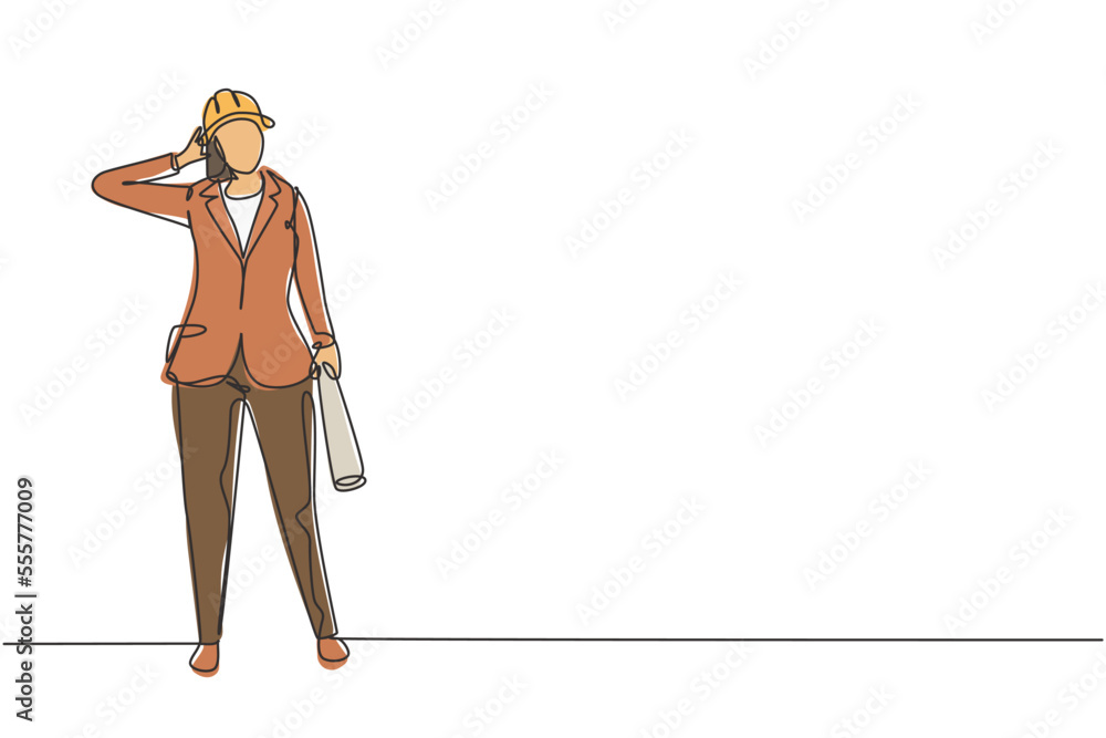 Poster single continuous line drawing female architect stood with call me gesture and wearing helmet carryi