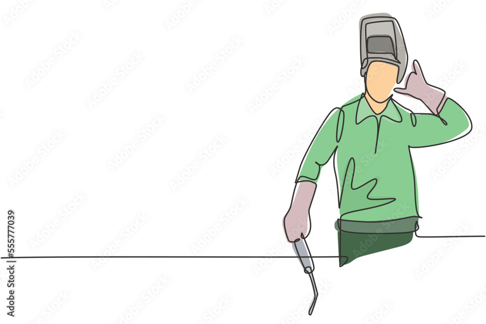 Poster single continuous line drawing welder with call me gesture works in the construction of building for
