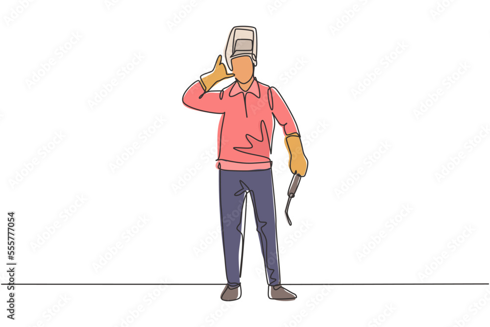 Poster single one line drawing welder stands with call me gesture and face shield removed ready to work in 