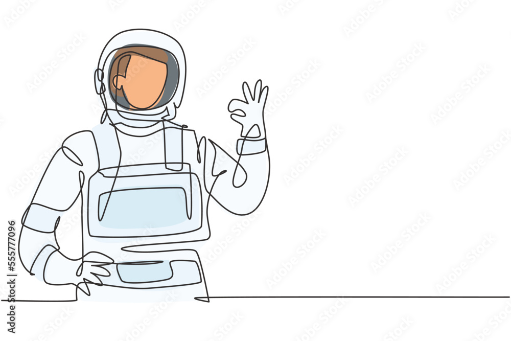 Poster single one line drawing of male astronauts with gesture okay wearing spacesuits to explore outer spa