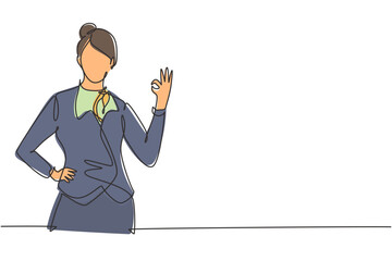 Single one line drawing flight attendant with gesture okay ready to serve airplane passengers in a friendly and warm manner. Professional work. Continuous line draw design graphic vector illustration