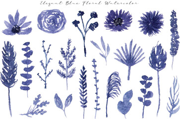 a set of elegant blue dried flower watercolor collection