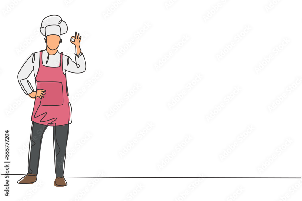 Poster Single one line drawing chef stands with gesture okay and wear cooking uniform prepares ingredients to cook the best dishes. Success job. Modern continuous line draw design graphic vector illustration