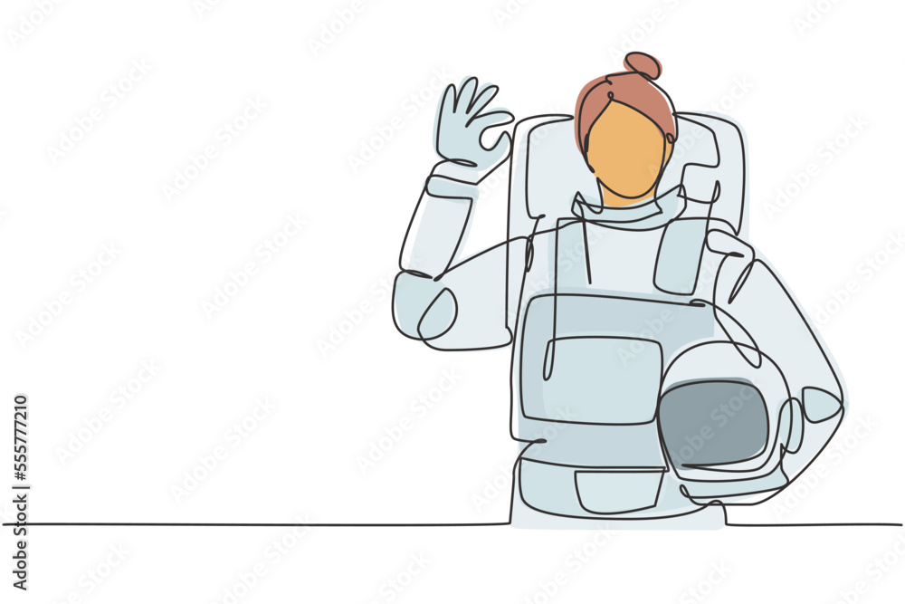 Aufkleber continuous one line drawing female astronaut with gesture okay wearing spacesuits to explore outer s