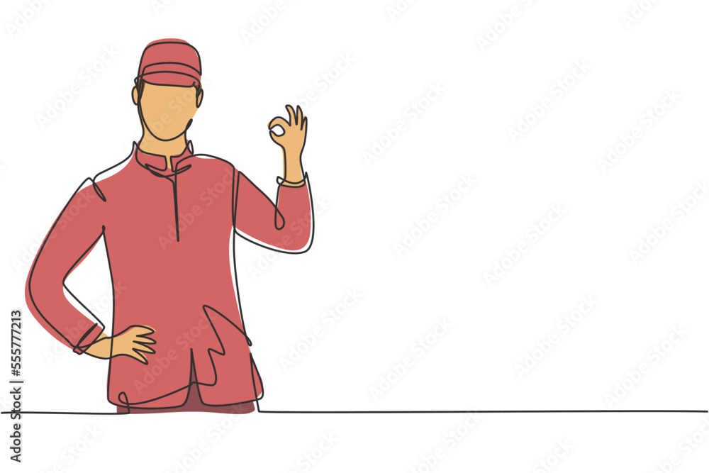 Poster single continuous line drawing hotel doorman in neat uniform with gesture okay. serve guests friendl