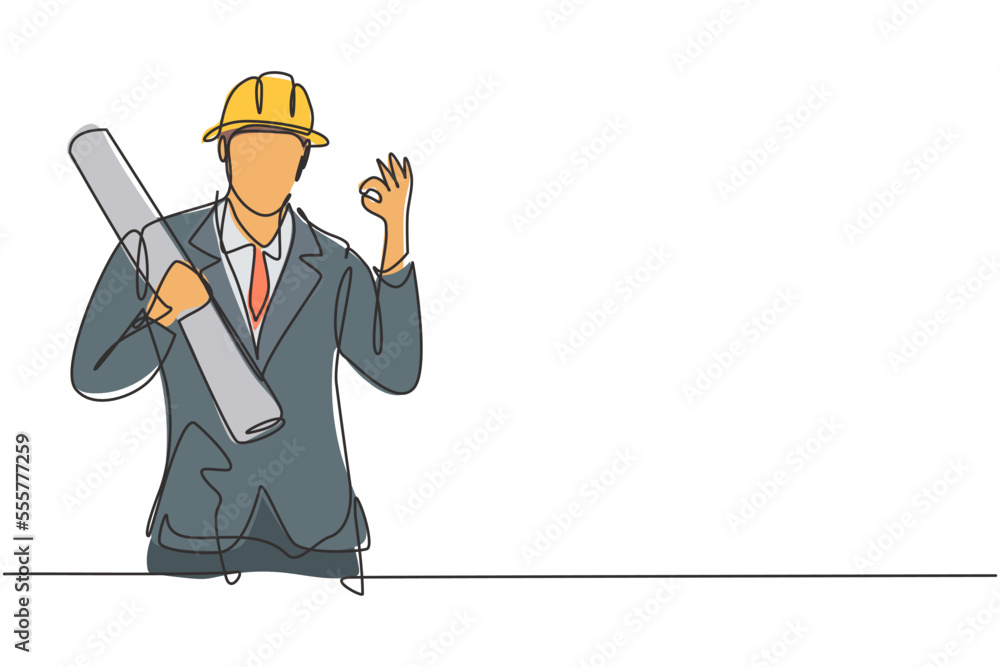 Poster single continuous line drawing architect with gesture okay and wearing helmet carried building const