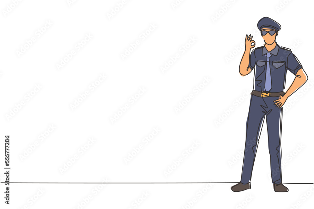 Poster continuous one line drawing pilot stands with gesture okay and complete uniform serves airplane pass