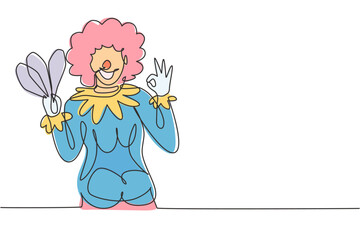 Continuous one line drawing female clown with gesture okay, wearing wig and smiling face makeup, entertaining kids at birthday party. Good perform. Single line draw design vector graphic illustration