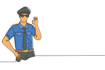 Single continuous line drawing male pilot with gesture okay and full uniform ready to fly with cabin crew in aircraft at international airport. Dynamic one line draw graphic design vector illustration