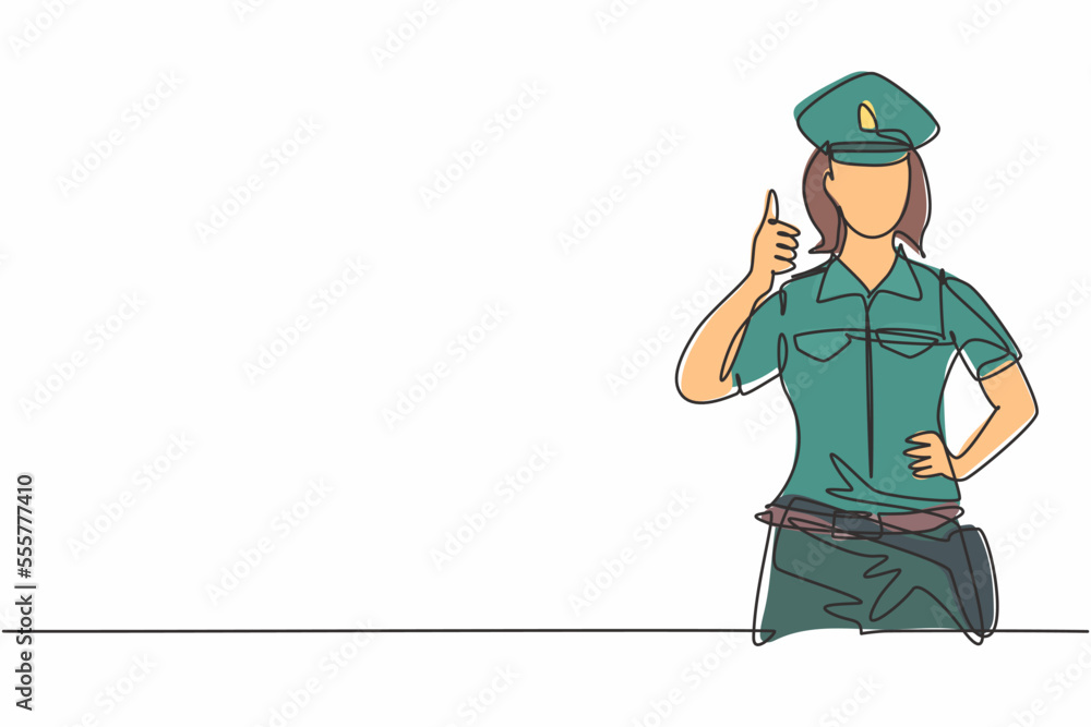 Poster single continuous line drawing the policewoman with a thumbs-up gesture and in full uniform is ready