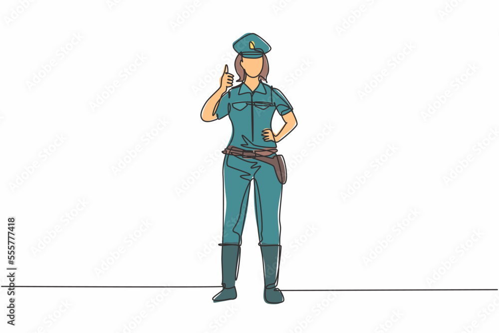 Poster continuous one line drawing the policewoman standing with a thumbs-up gesture and in full uniform wo