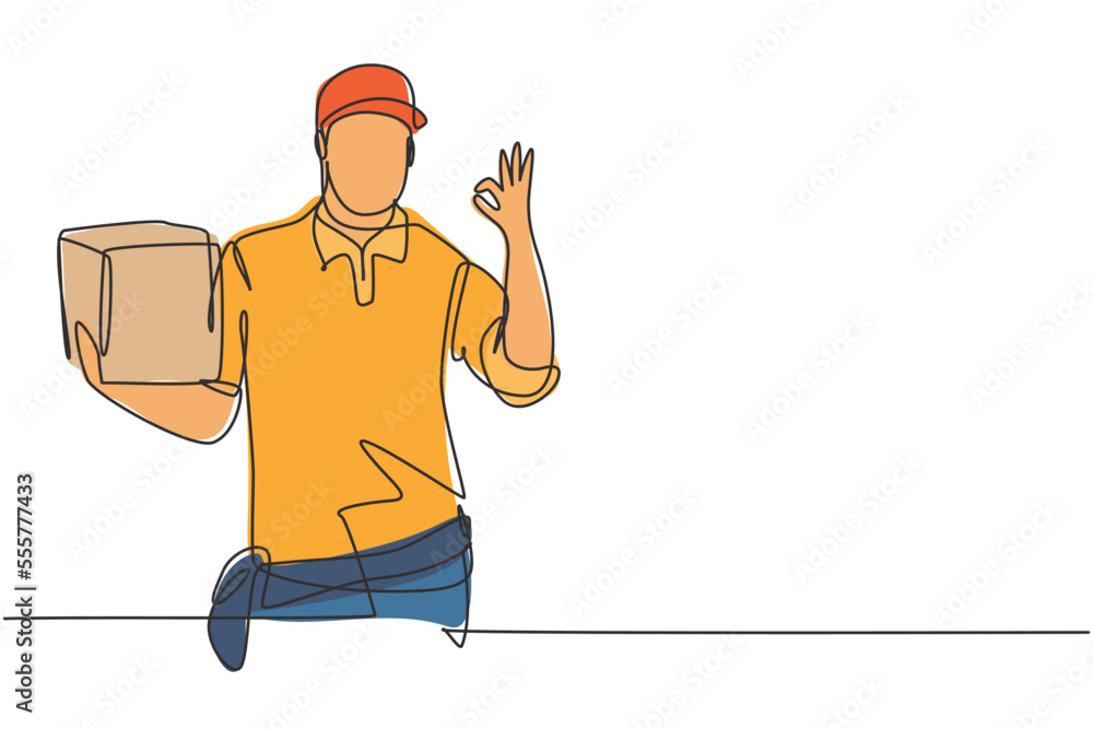 Poster single continuous line drawing delivery man with gesture okay, carrying the package box to be delive