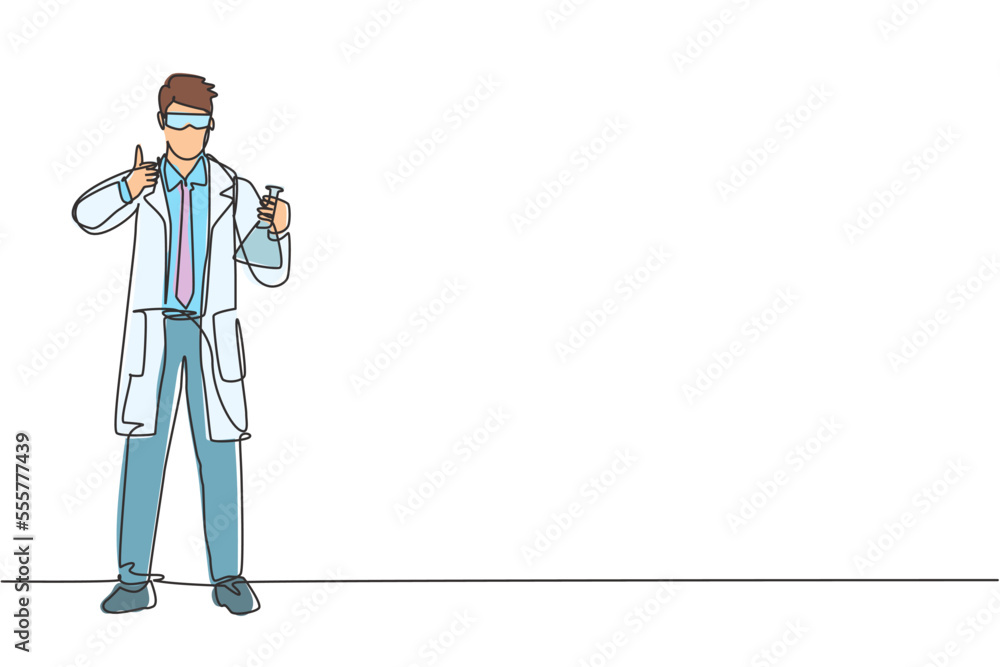 Poster single continuous line drawing the scientist stands with a thumbs-up gesture and holding a measuring