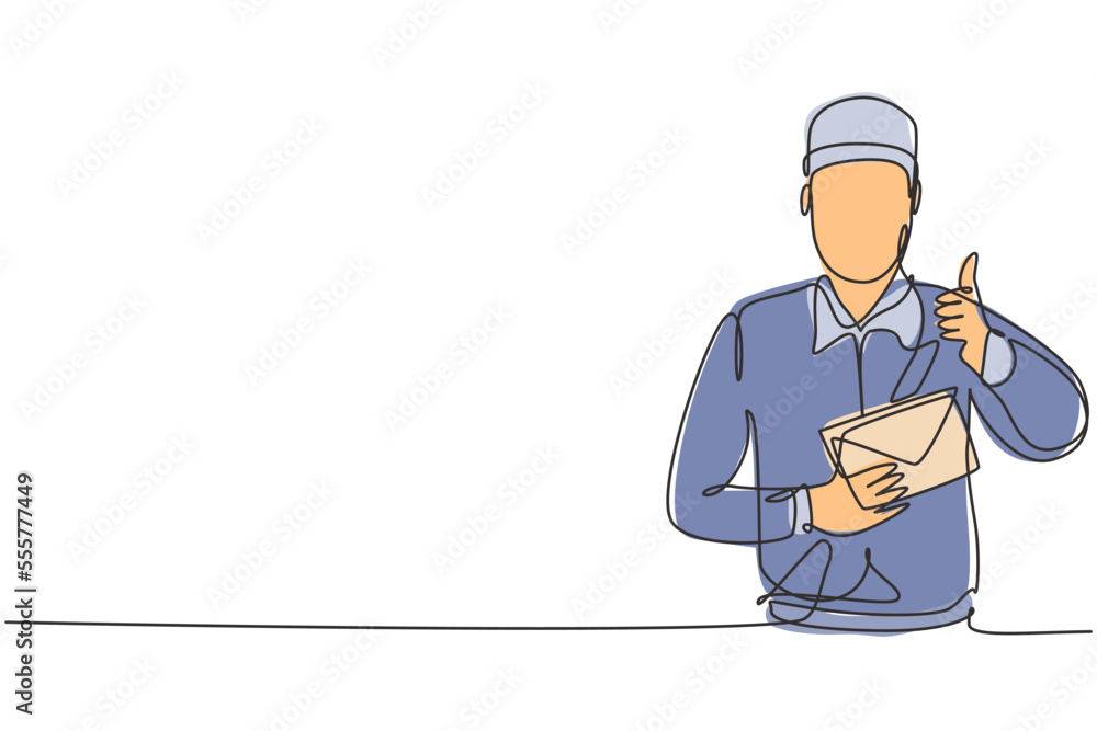 Poster single one line drawing of postman wearing a hat and uniform with a thumbs-up gesture holds the enve