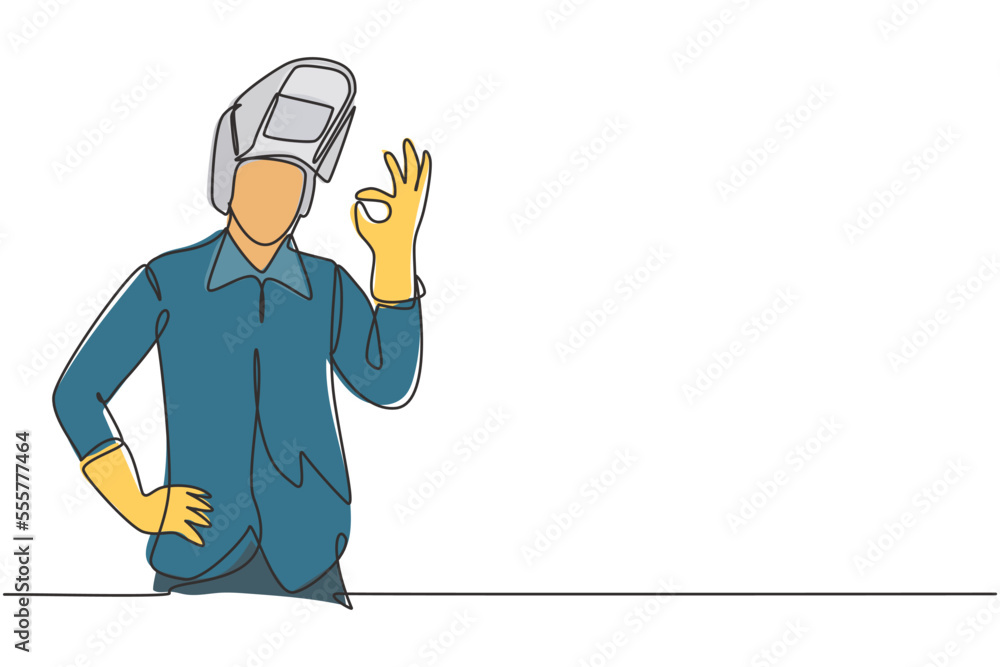 Poster single continuous line drawing welder with gesture okay works in the construction of building formin