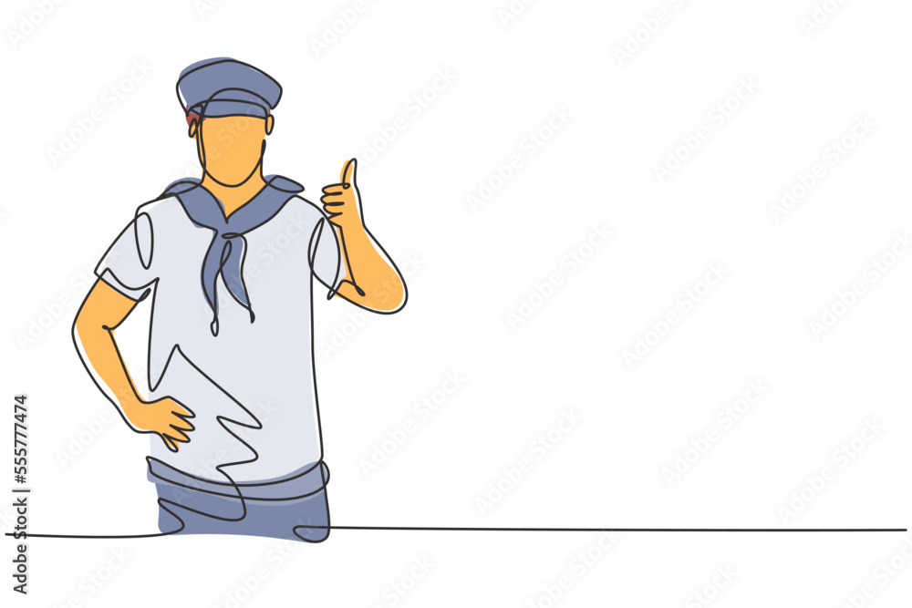 Poster single continuous line drawing a sailor man with a thumbs-up gesture ready to sail across the seas i