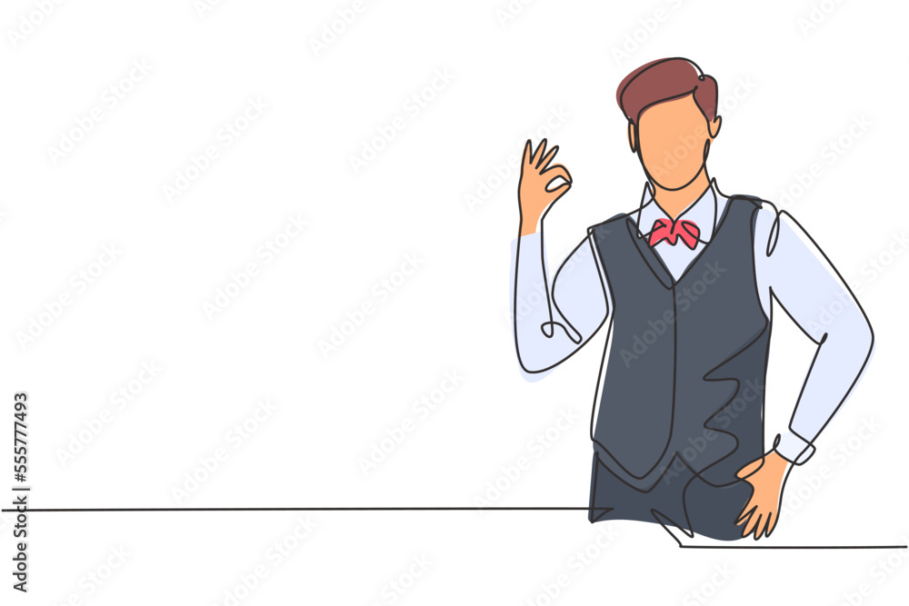 Poster single one line drawing of steward with gesture okay ready to serve airplane passengers in a friendl