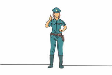 Continuous one line drawing the policewoman standing with a thumbs-up gesture and in full uniform works to control vehicle traffic on the highway. Single line draw design vector graphic illustration