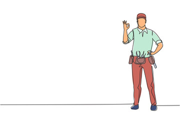 Single continuous line drawing handyman stands with gesture okay and tools such as pliers, screwdriver, hammer that placed on his work shirt. Dynamic one line draw graphic design vector illustration