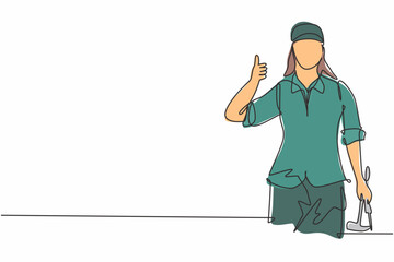 Single continuous line drawing carpenter woman with a thumbs-up gesture works in his workshop making wooden products. Skills in using carpentry tools. One line draw graphic design vector illustration