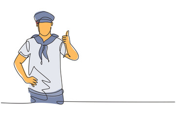 Single continuous line drawing a sailor man with a thumbs-up gesture ready to sail across the seas in a ship that is headed by a captain. Dynamic one line draw graphic design vector illustration.