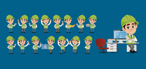 Set of flat engineer with different poses