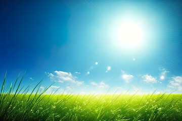 Obraz na płótnie Canvas Background of summer scenery with a green grass field, blue sky, and brilliant sun. Generative AI