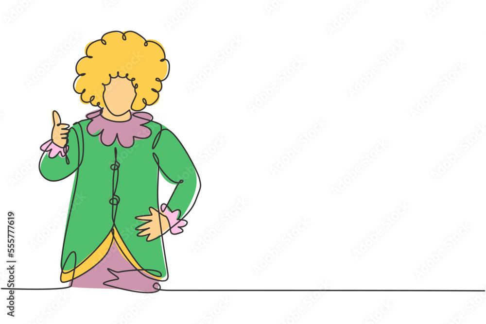 Poster single continuous line drawing a clown with thumbs-up gesture, wearing a wig and smiling face make-u