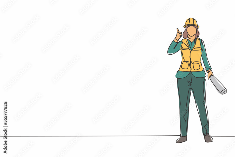 Aufkleber continuous one line drawing the female architect stands with a thumbs-up gesture and wears a helmet 
