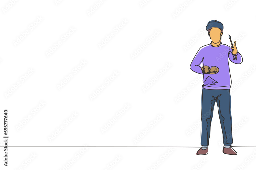 Poster continuous one line drawing the painter stands with a thumbs-up gesture using a hat and painting too
