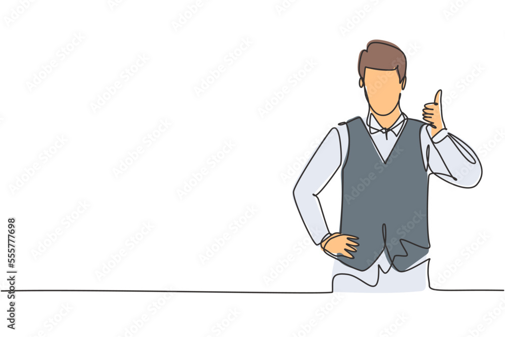 Aufkleber single continuous line drawing the steward with a thumbs-up gesture is ready to serve airplane passe