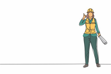 Continuous one line drawing the female architect stands with a thumbs-up gesture and wears a helmet with a blueprint for the building's work plan. Single line draw design vector graphic illustration.