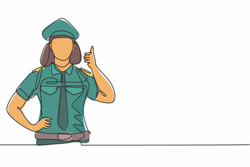 Single one line drawing of a woman pilot with a thumbs-up gesture and in full uniform ready to fly with the cabin crew on the plane at airport. Continuous line draw design graphic vector illustration