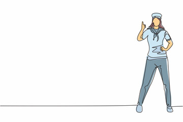 Single one line drawing of sailor woman stands with a thumbs-up gesture to be part of a cruise ship carrying passengers traveling across seas. Continuous line draw design graphic vector illustration