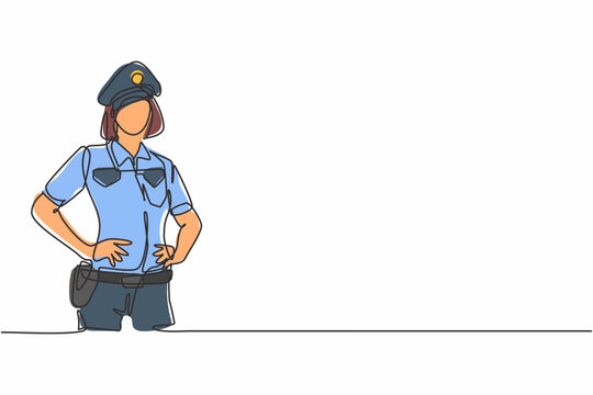 recommend clip art: Single continuous line drawing of young beautiful police woman on uniform holding hands on hip. Professional work job occupation. Minimalism concept one line draw graphic design vector illustration