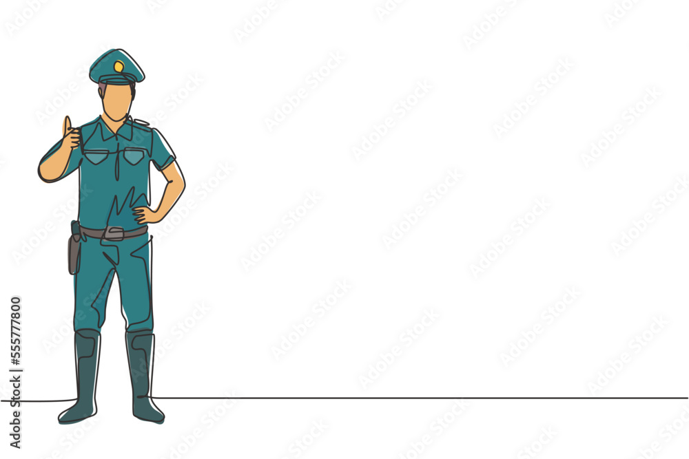 Poster continuous one line drawing policeman standing with a thumbs-up gesture and in full uniform works to