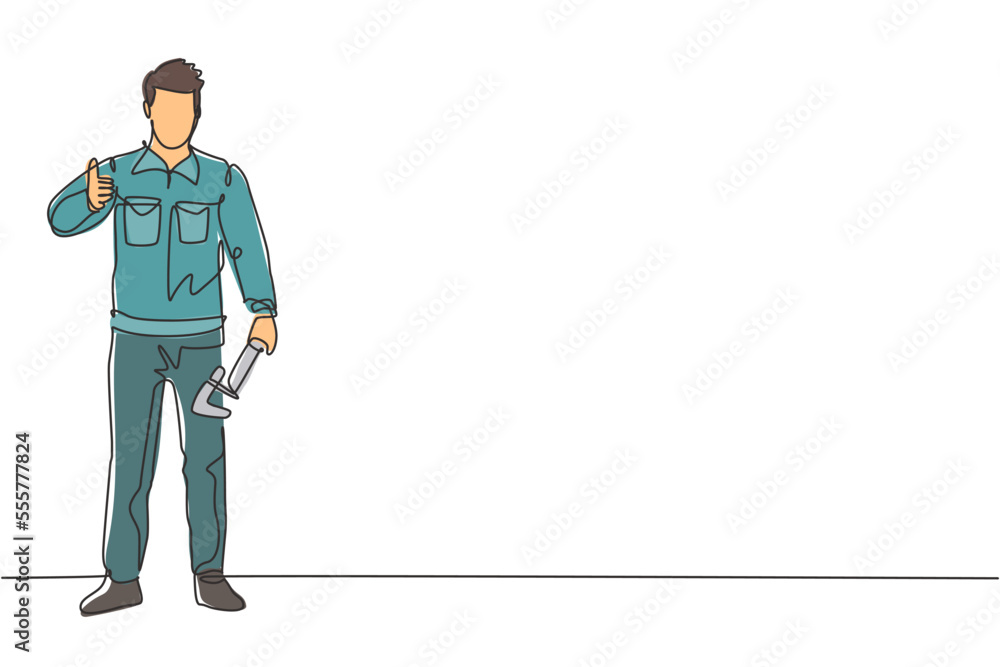 Poster single one line drawing of plumber stands with the gesture of raising his thumb and holding a carpen