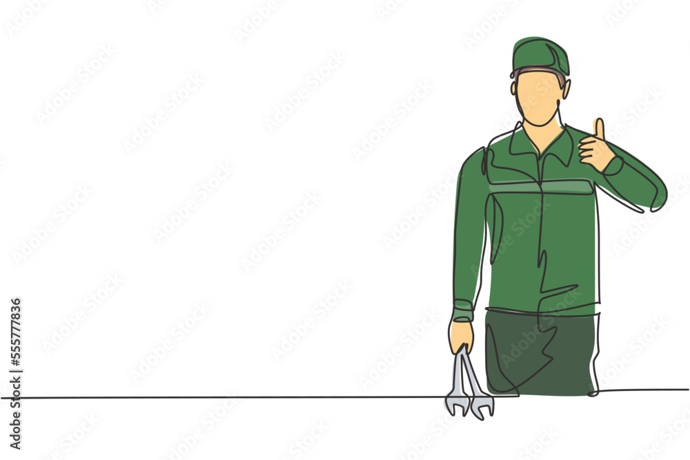 Poster single continuous line drawing mechanic with the gesture of lifting his thumb and holding the wrench