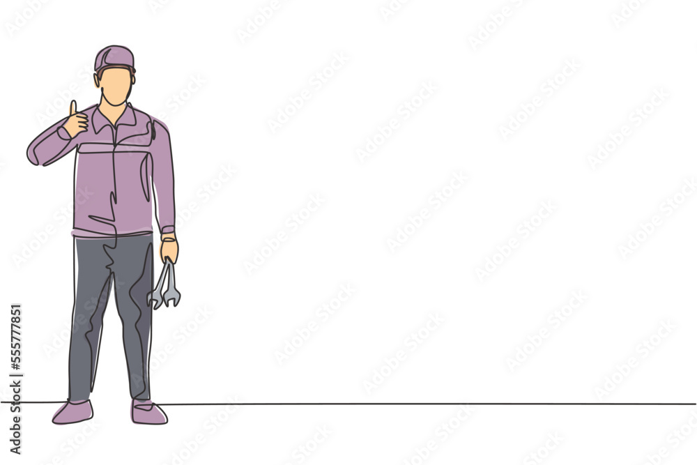 Poster continuous one line drawing mechanic stands up with a thumbs-up gesture and holding the wrench to pe
