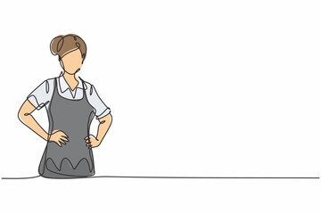 Single one line drawing of young beauty female house maid posing with hands on hip. Professional work profession and occupation minimal concept. Continuous line draw design graphic vector illustration