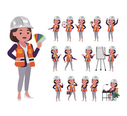 Set of flat engineer with different poses