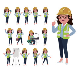Set of flat engineer with different poses