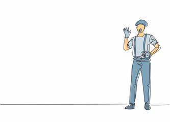 Single one line drawing of young man pantomime artist pose standing while perform. Professional work profession and occupation minimal concept. Continuous line draw design graphic vector illustration