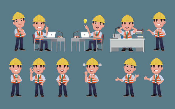 Set of flat engineer with different poses