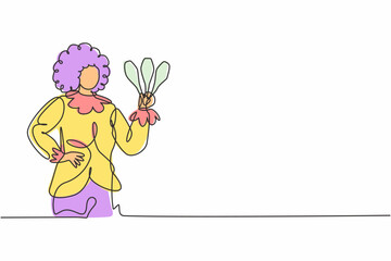Continuous one line drawing young beautiful funny female clown holding juggling with hands on hip. Professional job profession minimalist concept. Single line draw design vector graphic illustration