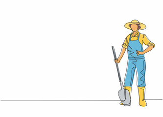 Continuous one line drawing of young male farmer pose standing on field and holding shovel . Professional job profession minimalist concept. Single line draw design vector graphic illustration