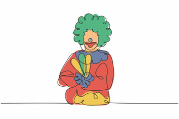 Single one line drawing of young funny male clown pose cross arm on chest. Professional work profession and occupation minimal concept. Continuous line draw design graphic vector illustration