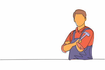 Single one line drawing young male carpenter cross arm on chest and holding hammer. Professional work profession and occupation minimal concept. Continuous line draw design graphic vector illustration