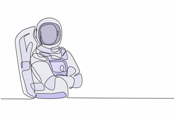Continuous one line drawing young male astronaut posing cross arm on chest before go to outer space. Professional job profession minimalist concept. Single line draw design vector graphic illustration